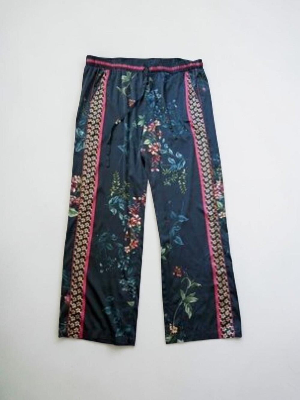 Johnny Was Navy Floral Wide-Leg Joggers with Pink Trim